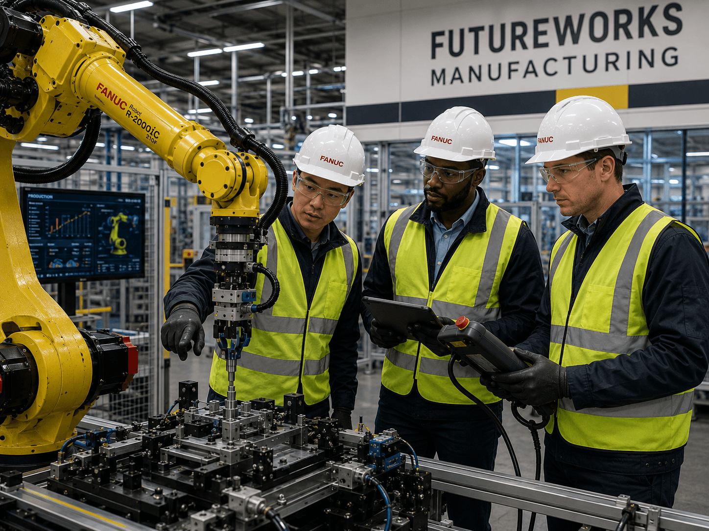 Three engineers in safety gear operate a yellow robotic arm in a manufacturing facility.